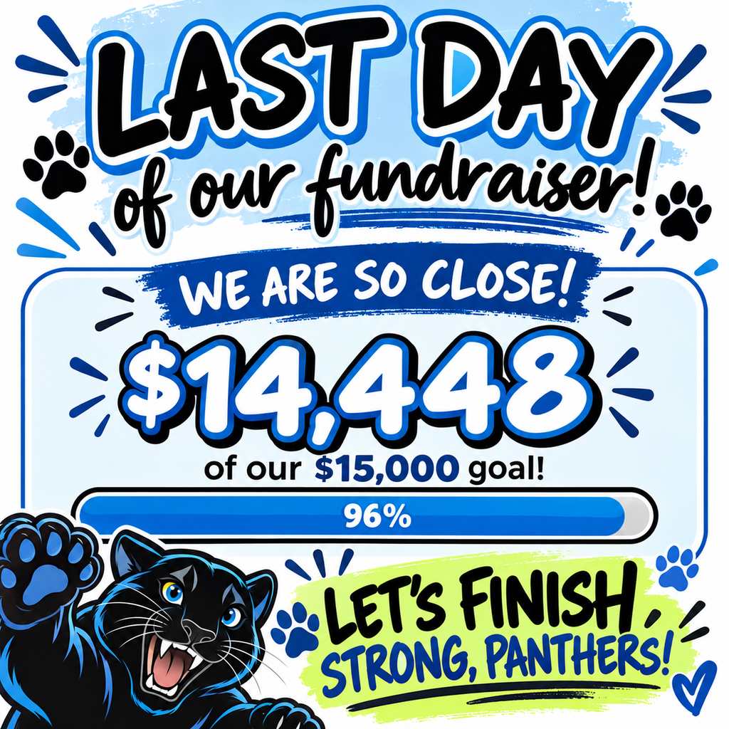 A graphic announces the last day of a fundraiser. It shows a progress bar at 96%.