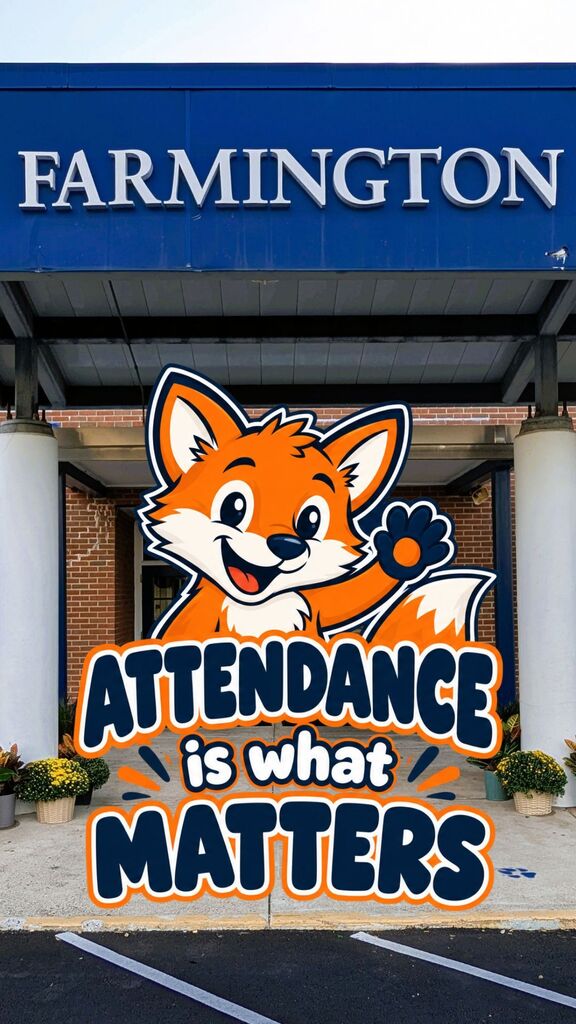 A blue sign above a building entrance displays the word Farmington with a cartoon fox. Below the sign, text reads Attendance is what matters.