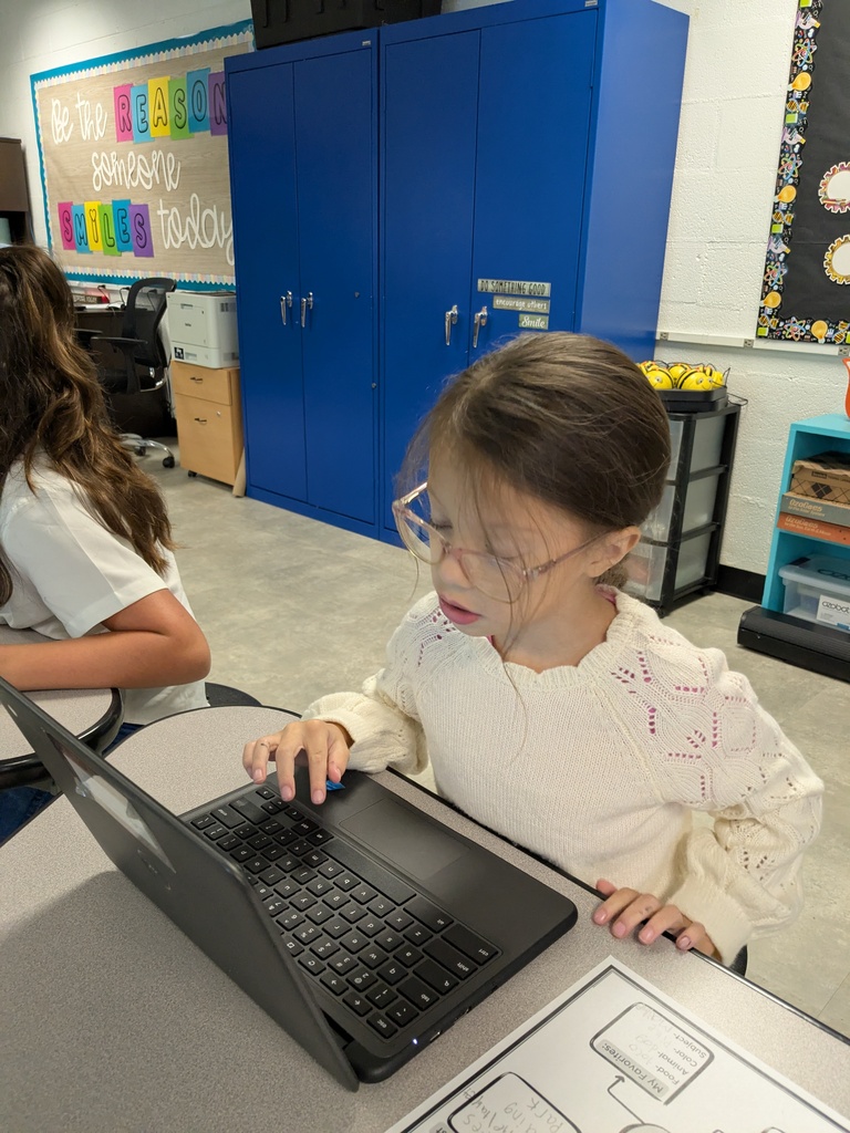A young girl is sitting at a desk, focused on a laptop. Behind her, a motivational poster and blue storage cabinets.