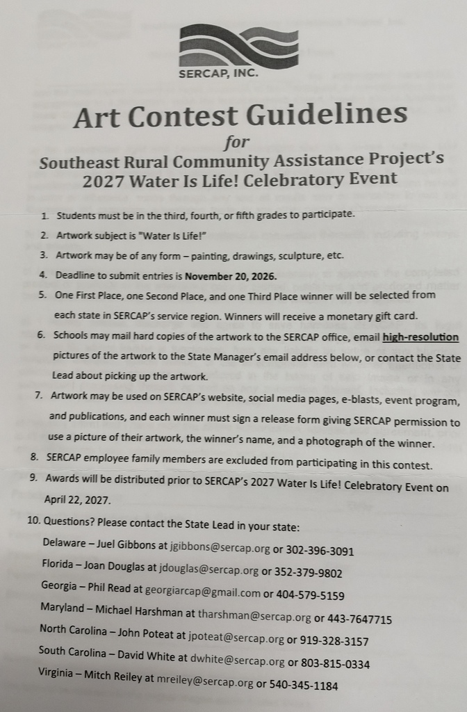Guidelines for an art contest. Students in third, fourth, or fifth grades may participate. Artwork must be water-related. November 20, 2023, is the submission deadline. Contact information for state leads.
