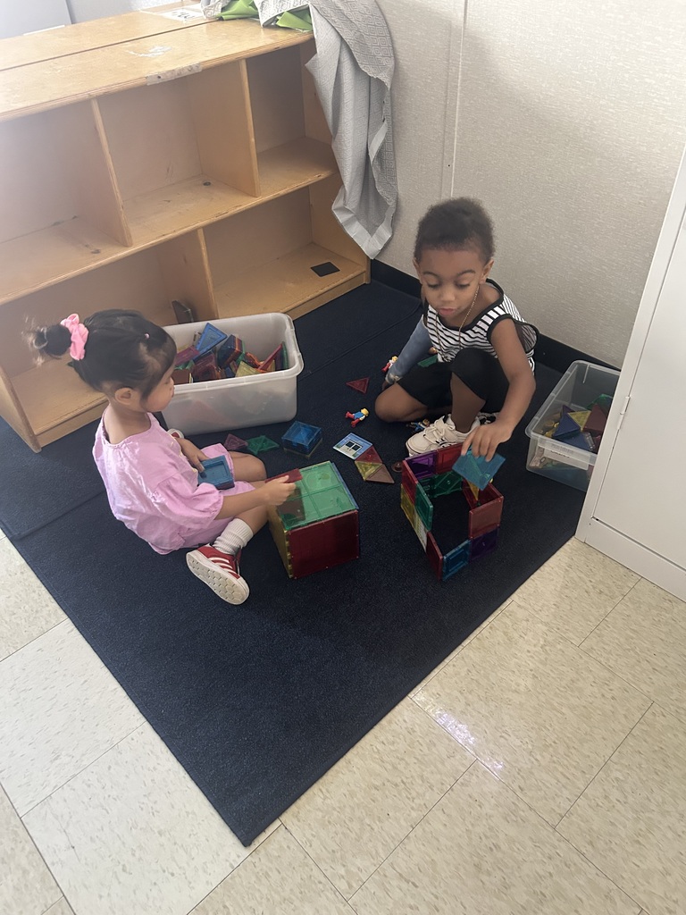 Two children play with colorful blocks on a rug in a room with a shelf.