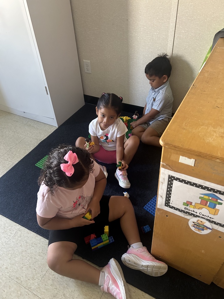Three young children play with blocks on a rug in a room. One child wears pink shoes.