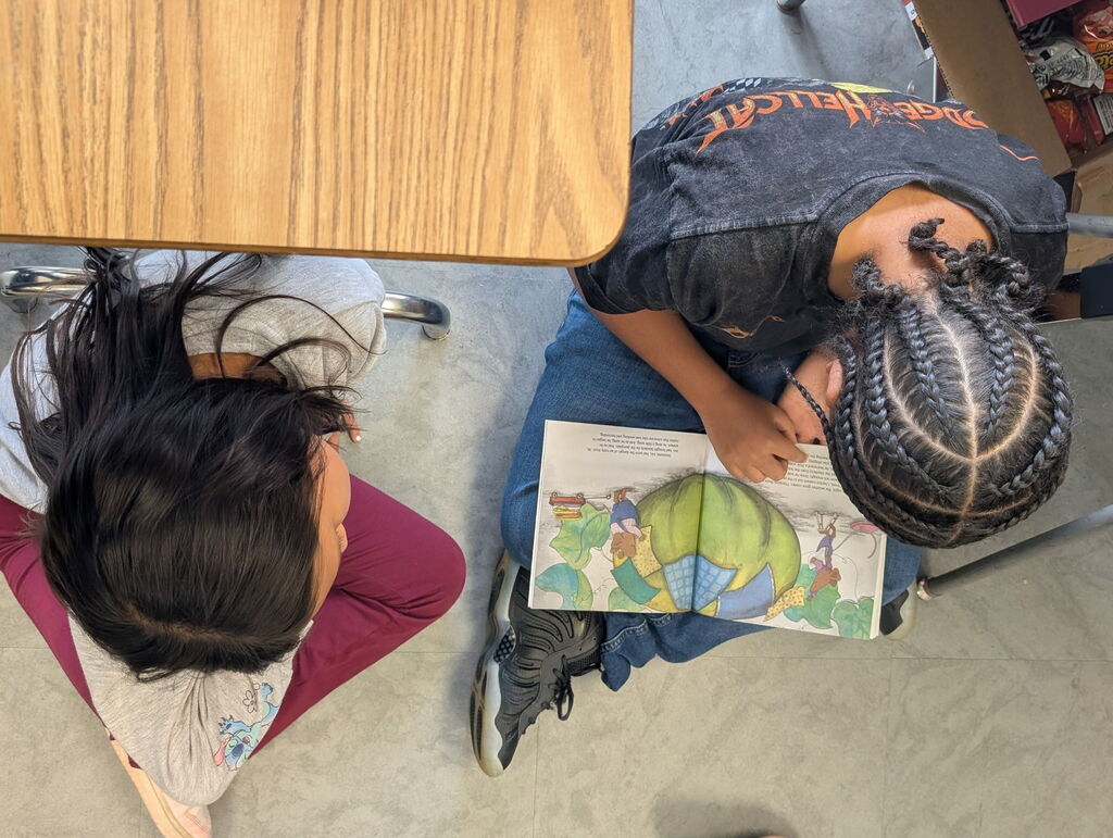 Two students with black hair, seated on the floor, appear to be reading a book together.