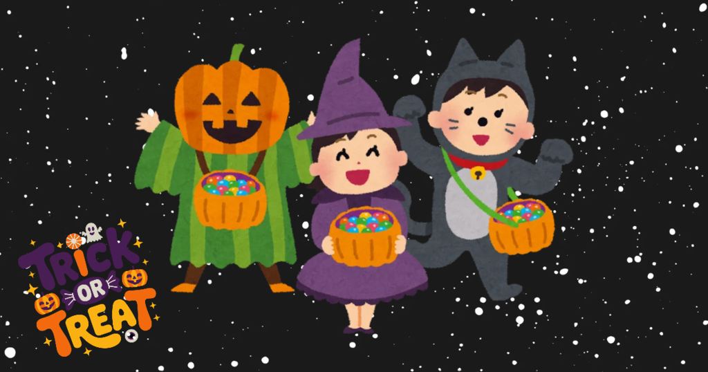 Three cartoon characters in costumes standing on black background. Text reads "TRICK OR TREAT."