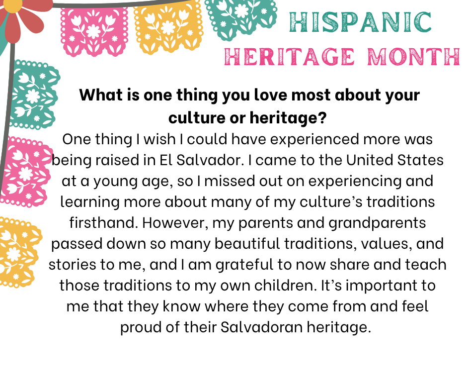 Text and decorative elements in vibrant colors celebrate Hispanic Heritage Month. The text reads: "What is one thing you love most about your culture or heritage?"