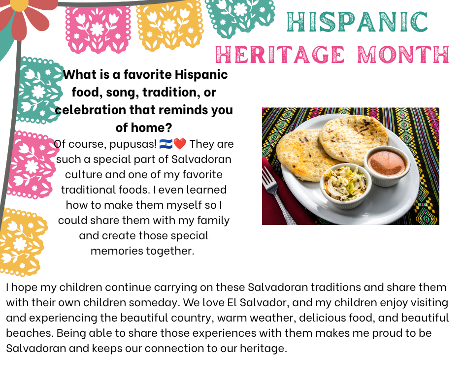 A poster with a floral design reads "Hispanic Heritage Month" at the top. It includes a plate of food and a fork.