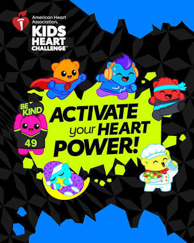 A blue and black background displays a poster with cartoon characters. Text reads "Activate Your Heart Power!" and "Be Kind 49".