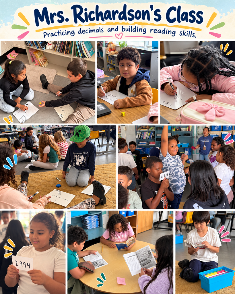 Multiple photos of children in a classroom setting, some sitting on the floor, others at desks, all engaged in learning activities.