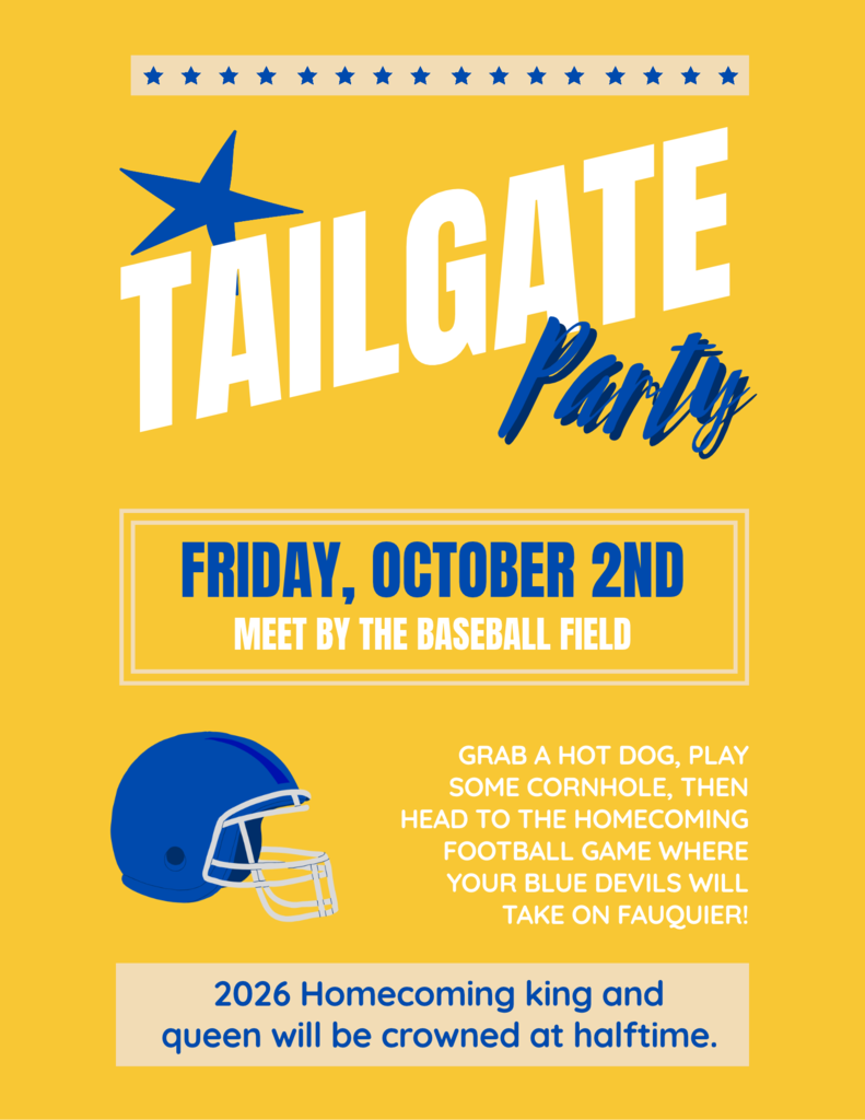 A yellow poster invites attendees to a tailgate party. The poster features a blue star, a helmet, and a football.