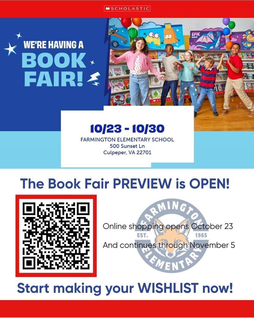 A poster displays an event with a group of children in a library. A QR code, date, and details are provided.