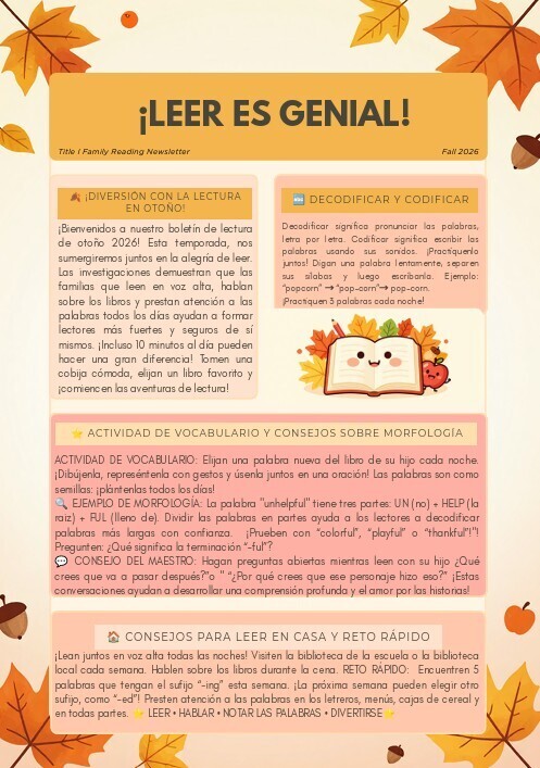 A page with a leaf and acorn design includes Spanish text, a pie chart, and a smiling face. The top text reads "¡LEER ES GENIAL!" with a pie chart below.
