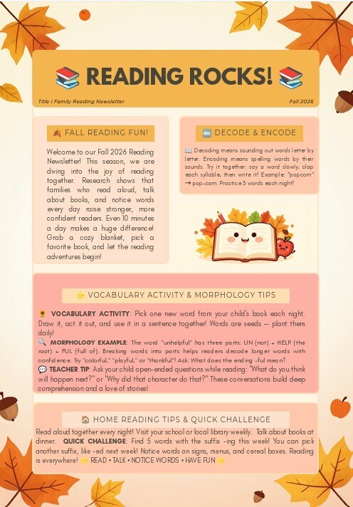 An educational newsletter with autumn leaves. The main title is "Reading Rocks!" with "FALL 2026 FUNDING" in the top left corner.