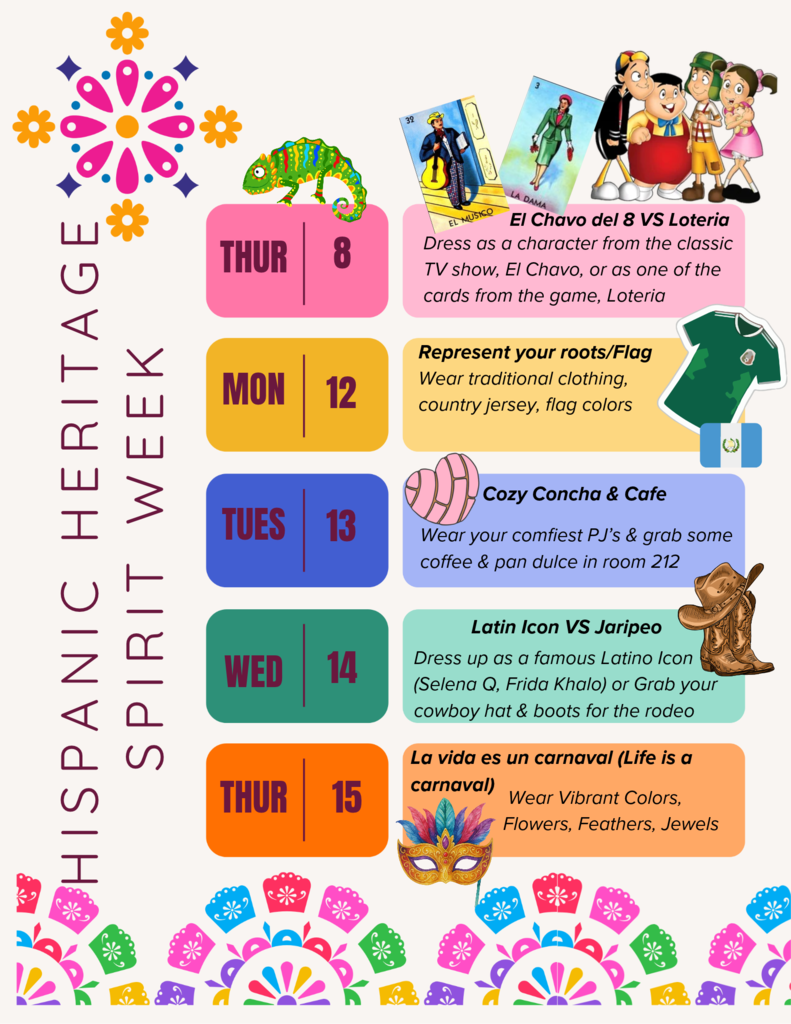 Colorful weekly calendar with days and dates. Floral designs on the border. Includes prompts like dress as a character from a show and cozy concho & cafe.