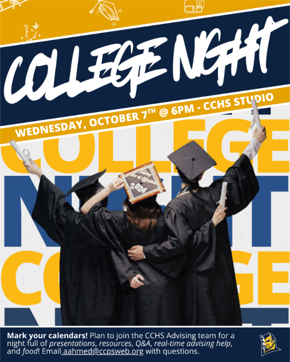 Poster with "College Night" in bold text. Three people in graduation gowns hold diplomas. Orange background with text. Date, time, and location information at the top.