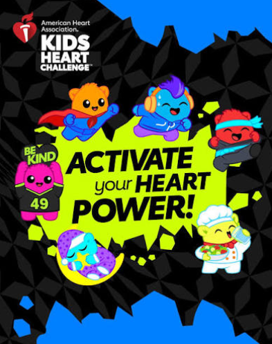 Colorful cartoon characters surround "Activate your Heart Power!" text on a blue and black patterned background.