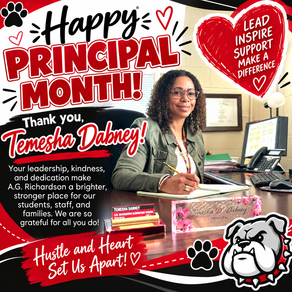 An office setting shows a woman, Temesha Dabney, with a message recognizing her as a principal. Heart and bulldog paw prints are included.
