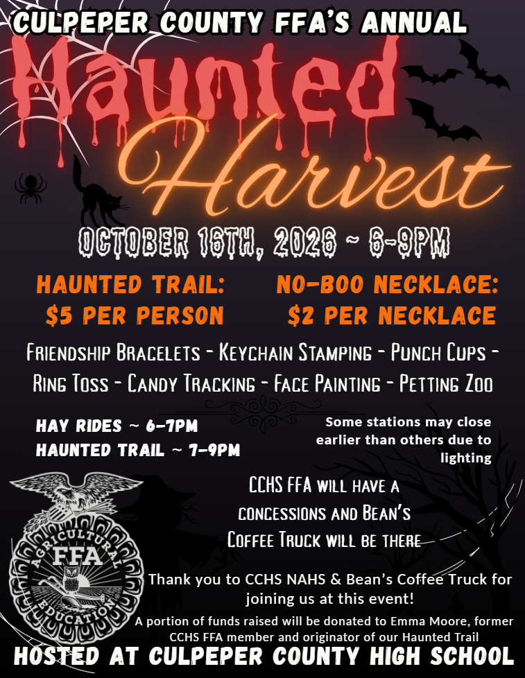 Black and red poster with text for Haunted Harvest event. It includes details about rides, activities, and admission fees.