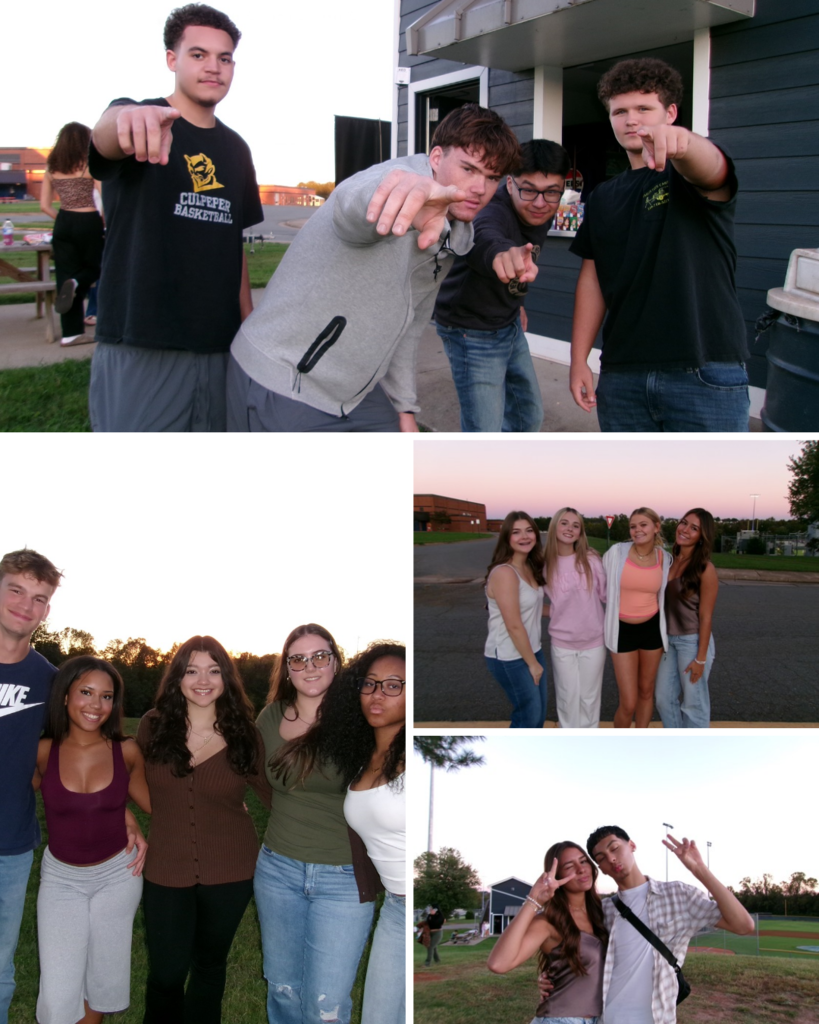 Multiple photos show people posing, standing in groups, with a building in the background. One image shows people making hand gestures.
