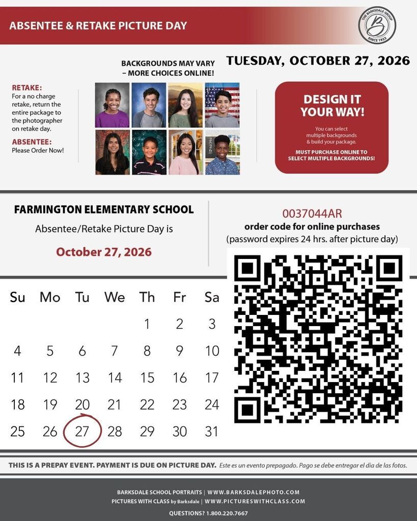 Poster for Absentee & Retake Picture Day on October 27, 2026. QR code for ordering. Calendar highlights October 27.