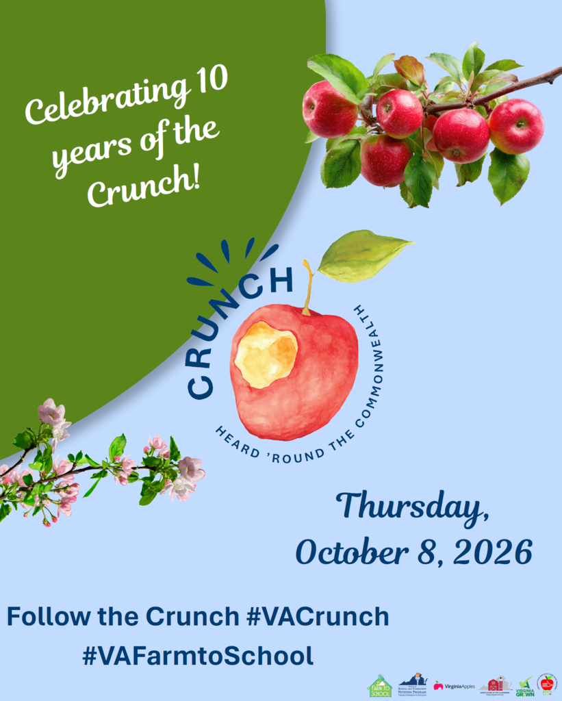 Event poster featuring apple graphics and a blue background. Text reads: "Celebrating 10 years of the Crunch!"