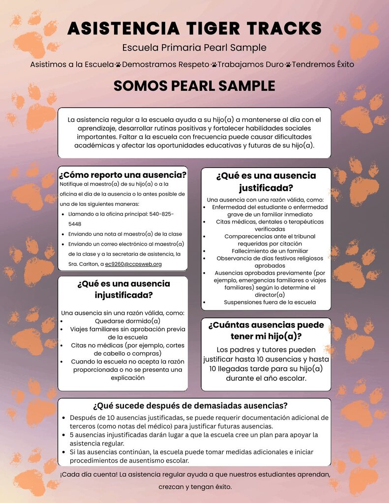 Document with "ASISTENCIA TIGER TRACKS" heading, orange paw prints on purple background. Sections include "SOMOS PEARL SAMPLE", "¿Cómo reporto una ausencia? Injustificada?".