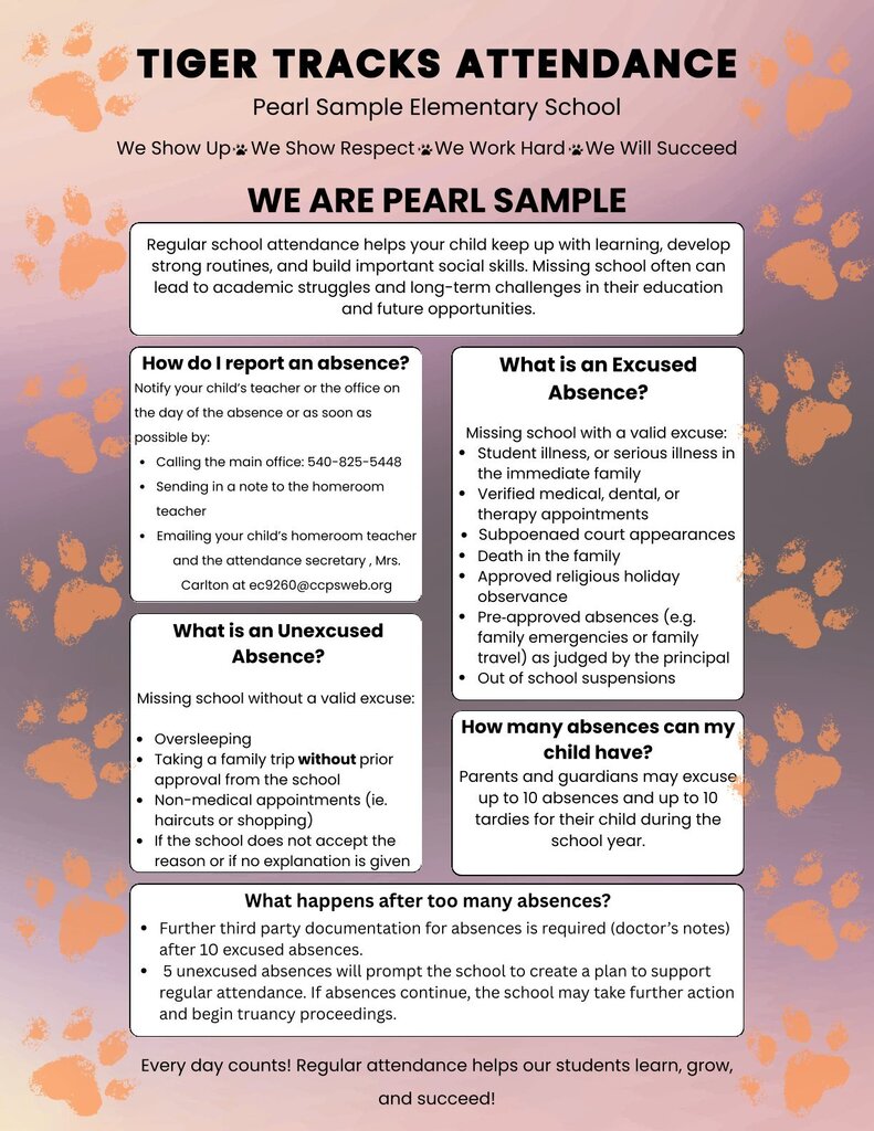 Poster with bold headings, text, and icons. Headings include "TIGER TRACKS ATTENDANCE" and "WE ARE PEARL SAMPLE." Text provides information about regular school attendance and consequences for too many absences.