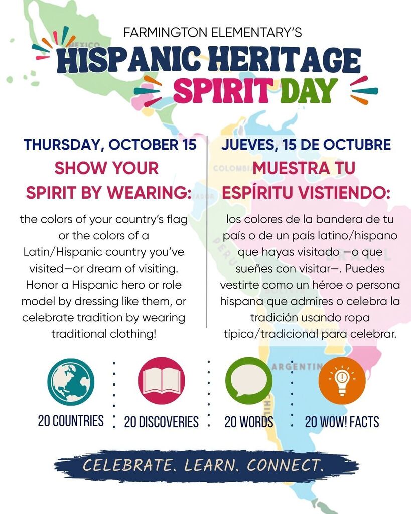 Poster for Hispanic Heritage Spirit Day. It includes colors of flags, countries, and facts. Date is Thursday, October 15.