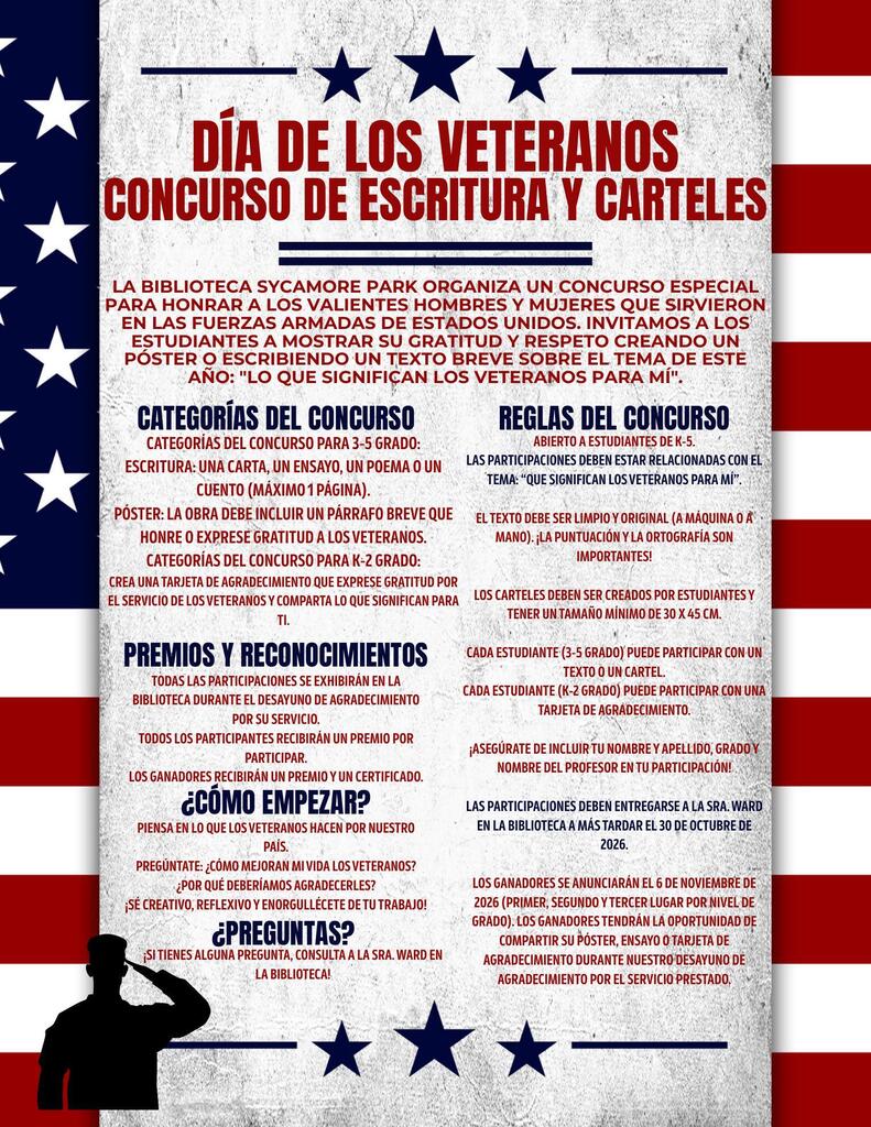 Poster for a writing and card contest on Veterans Day. It features a silhouette of a person saluting and stars.