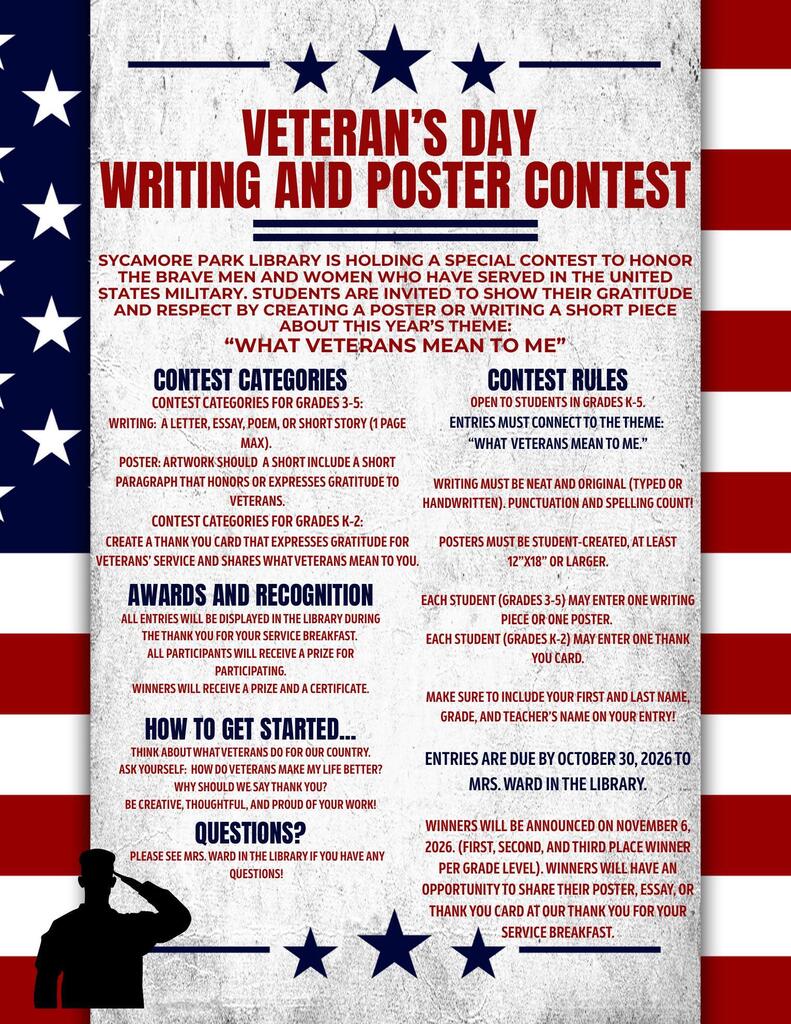 A red, white, and blue poster announces a Veterans Day writing and poster contest, with rules, categories, and submission details.