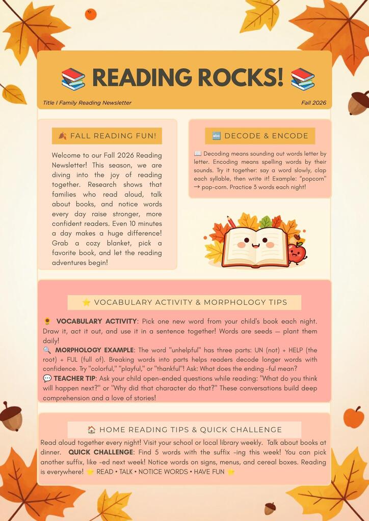 A reading activity flyer with an autumn theme. It has a title "Reading Rocks!" with colorful text and leaf decorations.