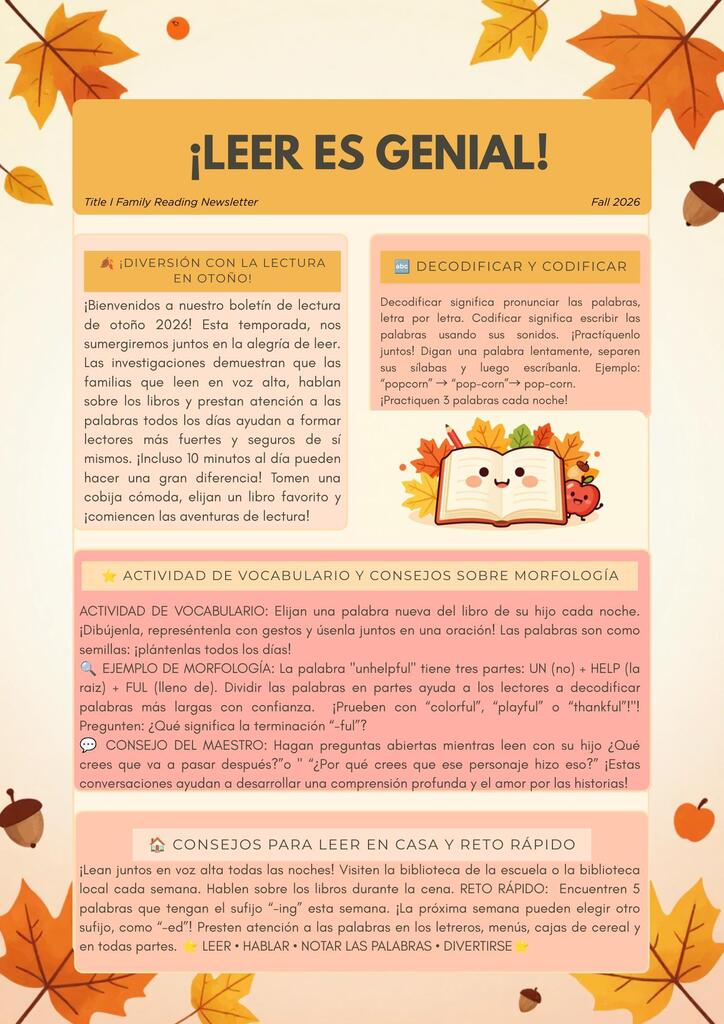 A newsletter page with the title "¡LEER ES GENIAL!" and autumn leaves in the background. Text in multiple languages discusses reading activities and tips.