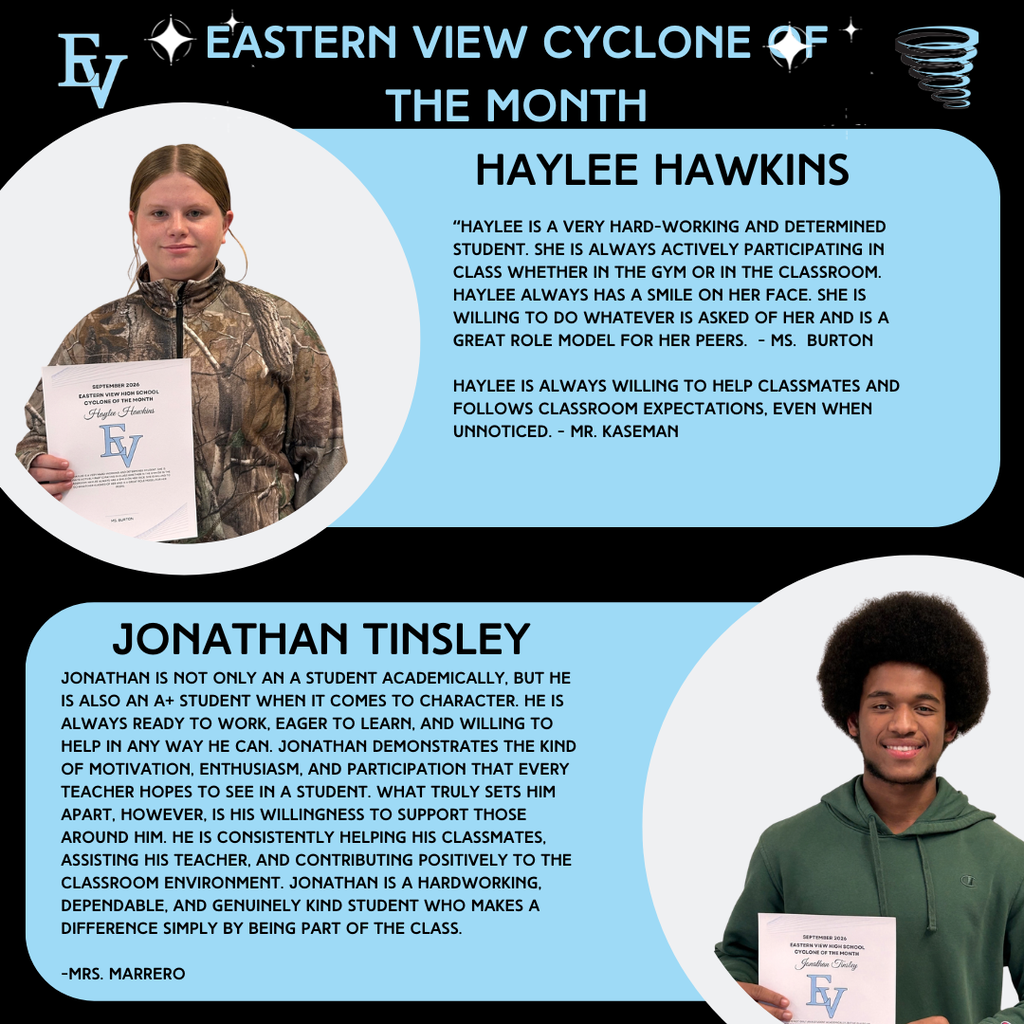 Two students are highlighted for achievements. Haylee Hawkins, smiling, holds a certificate. Jonathan Tinsley smiles, holding a certificate.