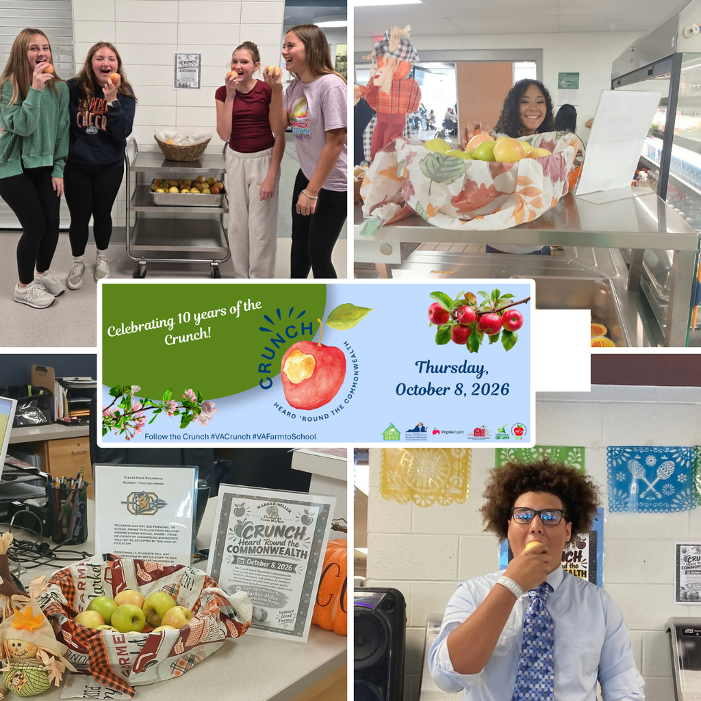 Collage of people eating apples. A graphic with a the Virginia School Nutrition and VDOE logos and text that says Celebrating 10 years of the crunch, Thursday October 8, 2026 with a picture of an apple in the middle