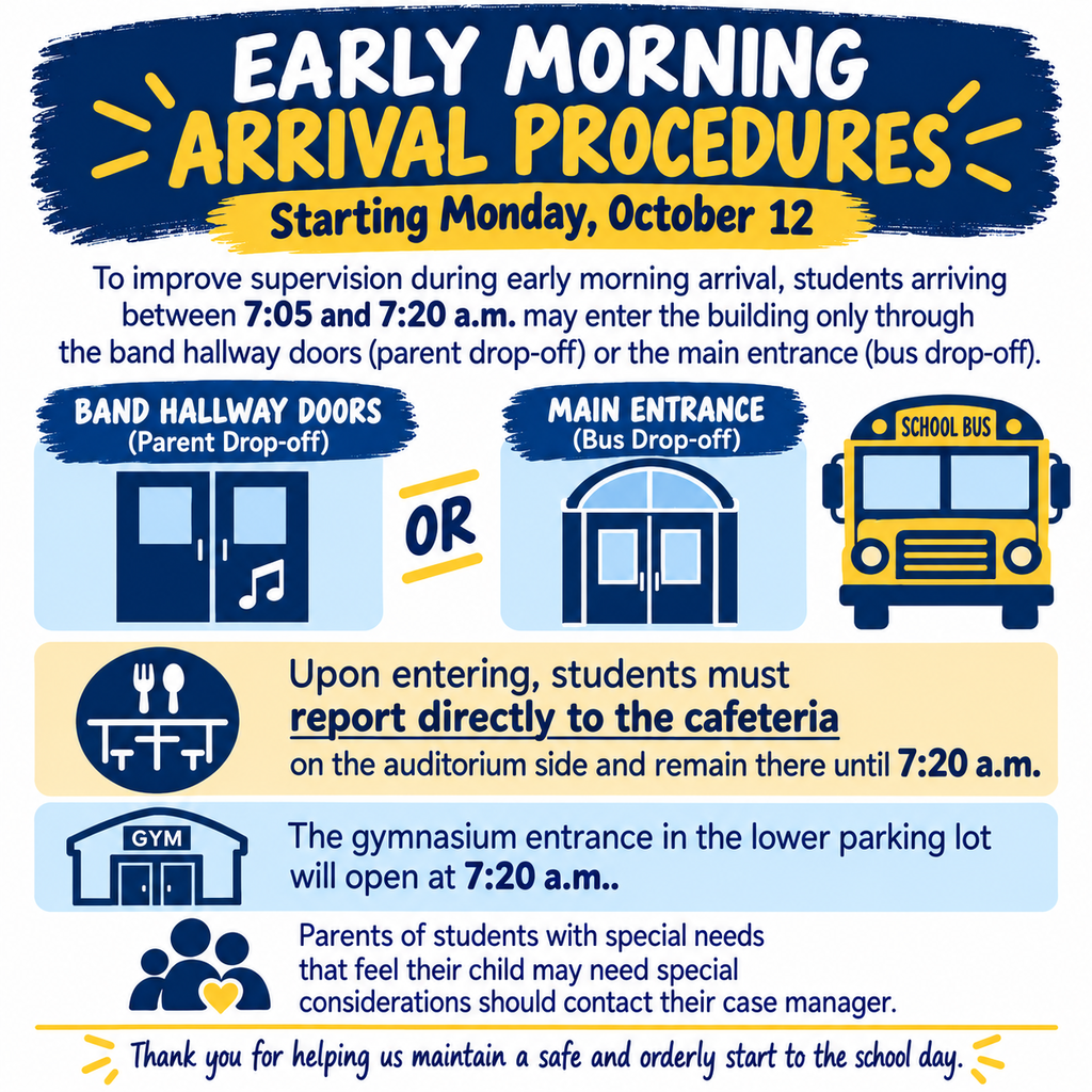 An informational poster on early morning arrival procedures. It lists drop-off times, locations, and instructions for students.