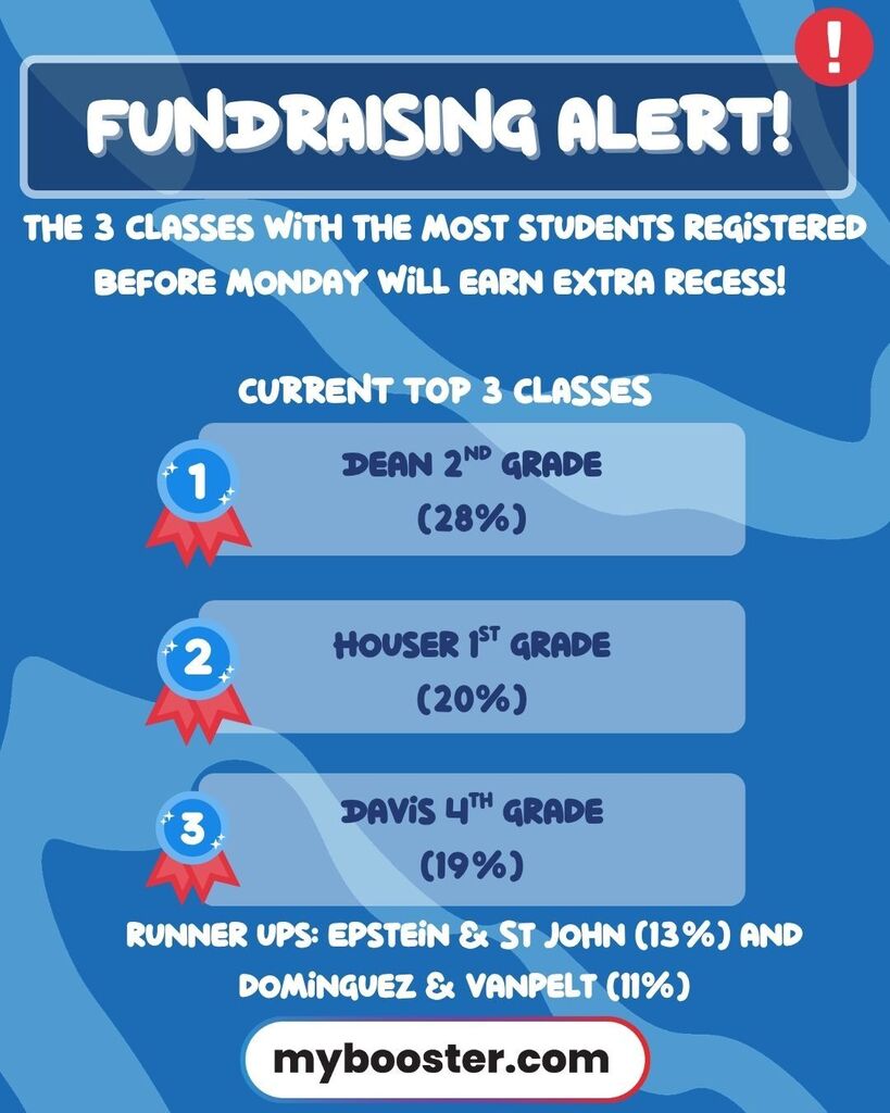 A blue and white background displays a list of classes with their current student registration percentages, leading to a website for more information.