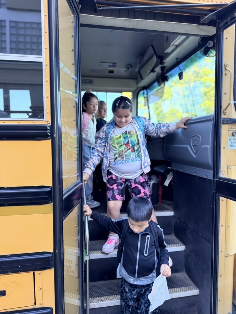 Several children wearing casual clothes enter a school bus with a yellow exterior. An adult helps a child in pink sneakers.