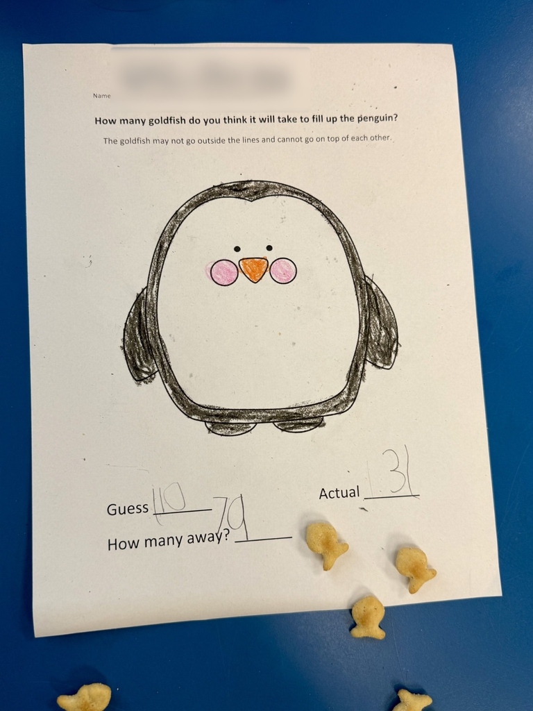 Drawing of a penguin with text. Guess and actual boxes, with three crackers below. Blue background.