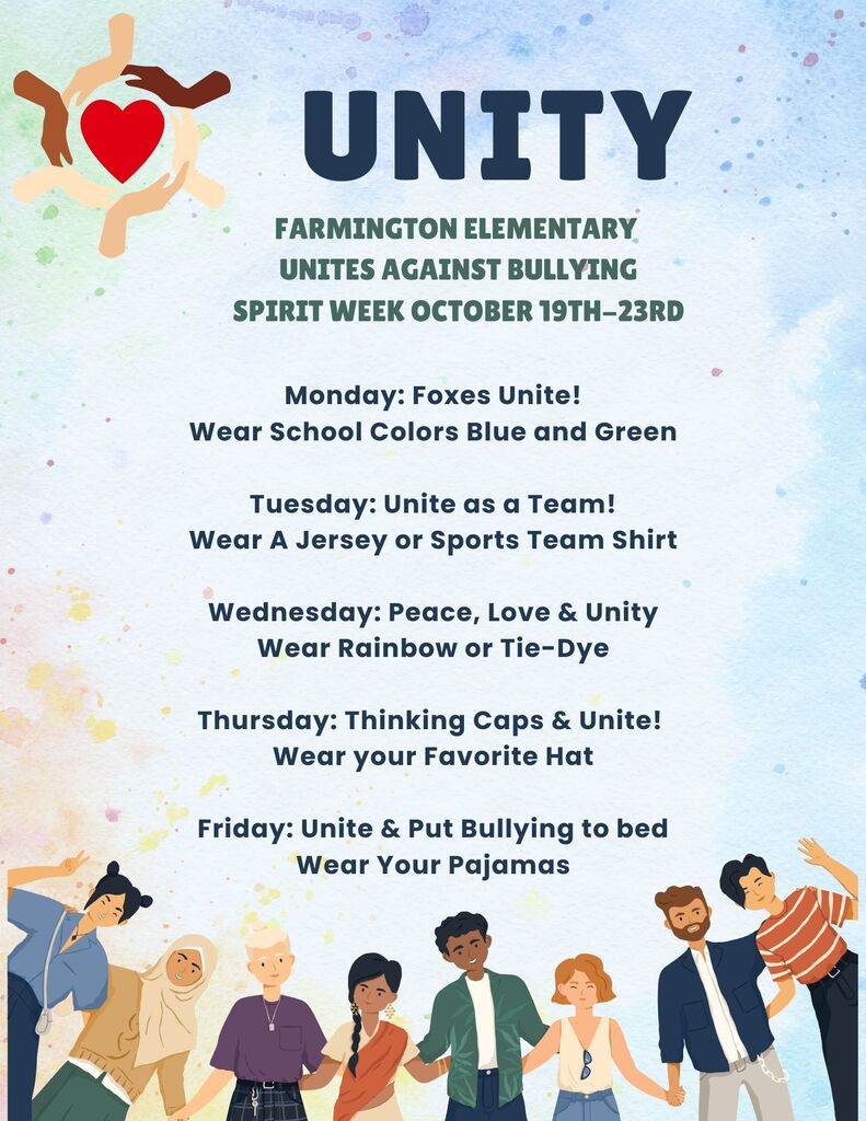 A colorful poster with a group of people holding hands. The poster promotes Farmington Elementary's Unity Spirit Week.