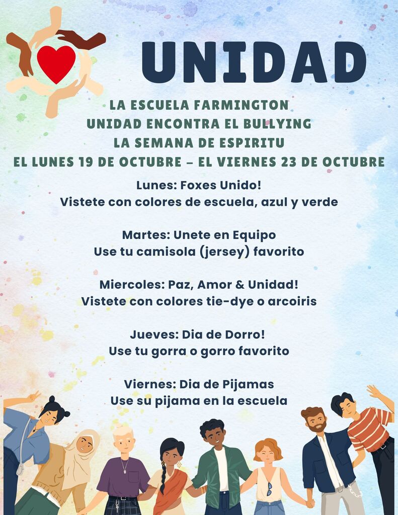 A poster for Farmington School's Unity Week, October 19-23, with colorful icons and text in Spanish.
