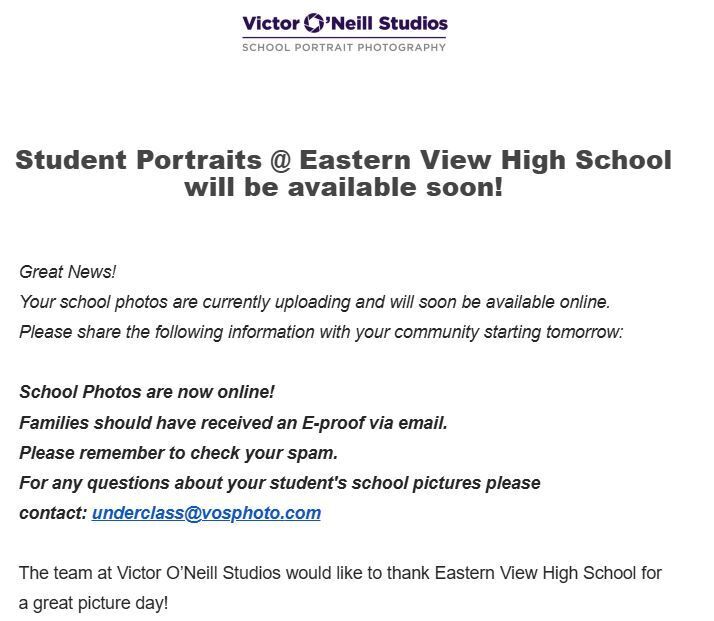 A page with a blue and white header reads: "Student Portraits @ Eastern View High School will be available soon!"