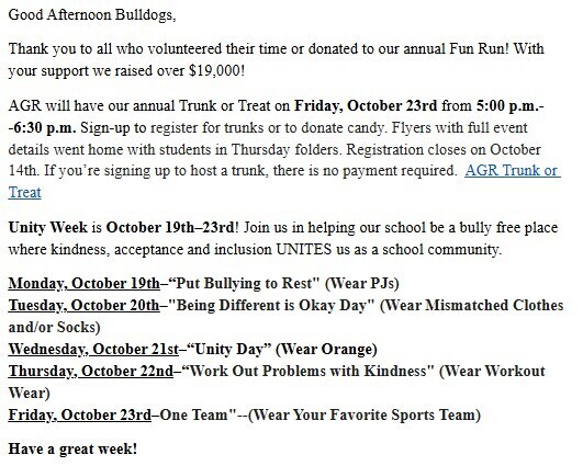 Text on white background details event information, including registration details for a Trunk or Treat and Unity Week activities.