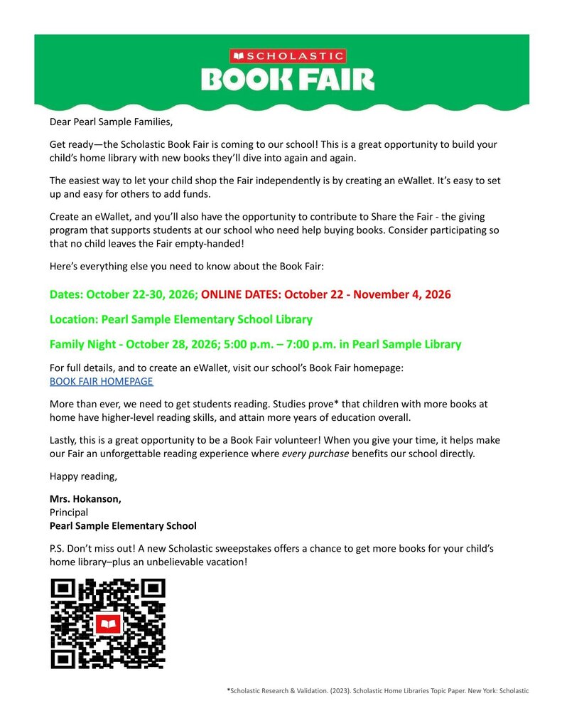Document with green and white design, title "Book Fair" at the top. Text in black font. QR code in bottom left corner.