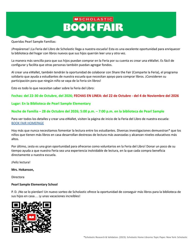 Document with "SCHOLASTIC" at the top, includes text in Spanish and English, and a QR code at the bottom.