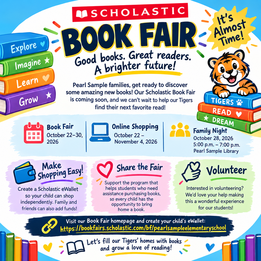 An event poster for Scholastic Book Fair highlights book stacks, an online shopping option, and volunteer opportunities.