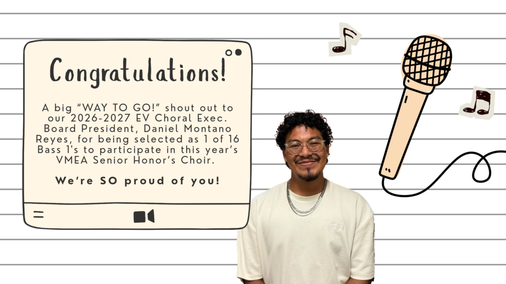 A person stands smiling, with a microphone, musical notes, and a text box above them. The text reads "Congratulations!"