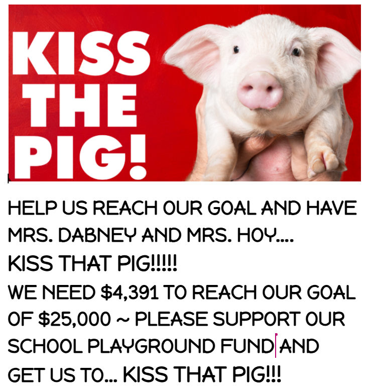 An advertisement with a small white pig, red background, and text about a school playground fund.
