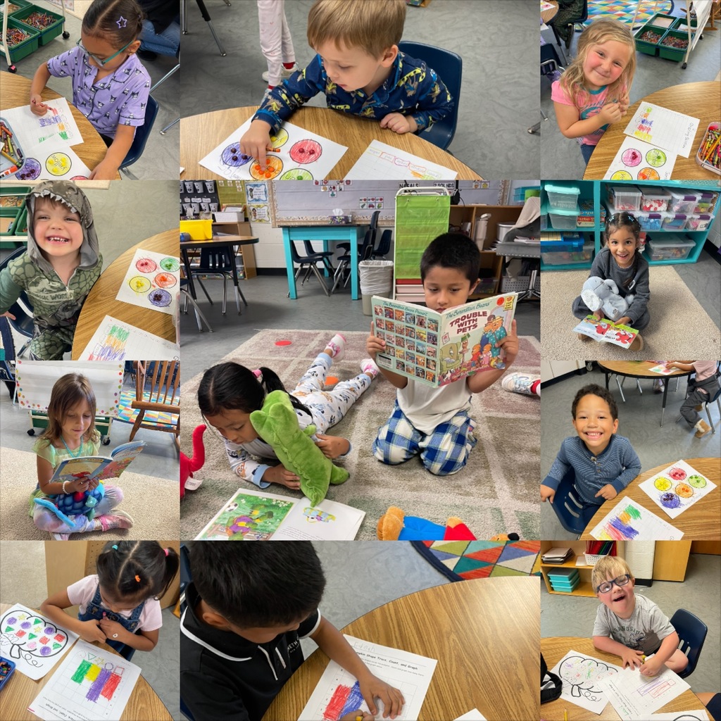 A collage of children in a classroom setting, engaged in various activities like reading and drawing.