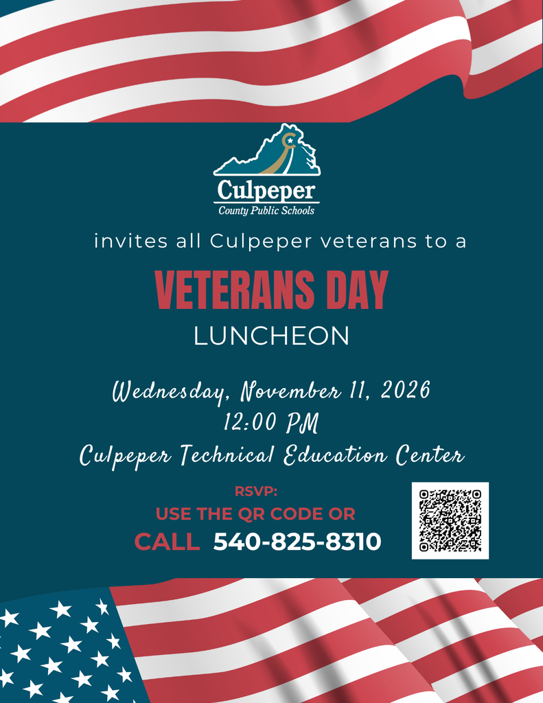 Invitation card with blue and white colors featuring a flag. It reads "Veterans Day Luncheon" and has details about the event.