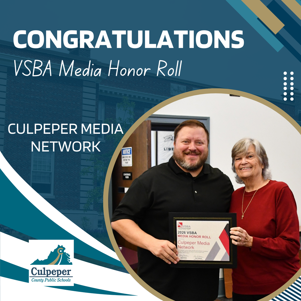 Two people holding a plaque. Above them, text reads "Congratulations VSBA Media Honor Roll Culpeper Media Network".