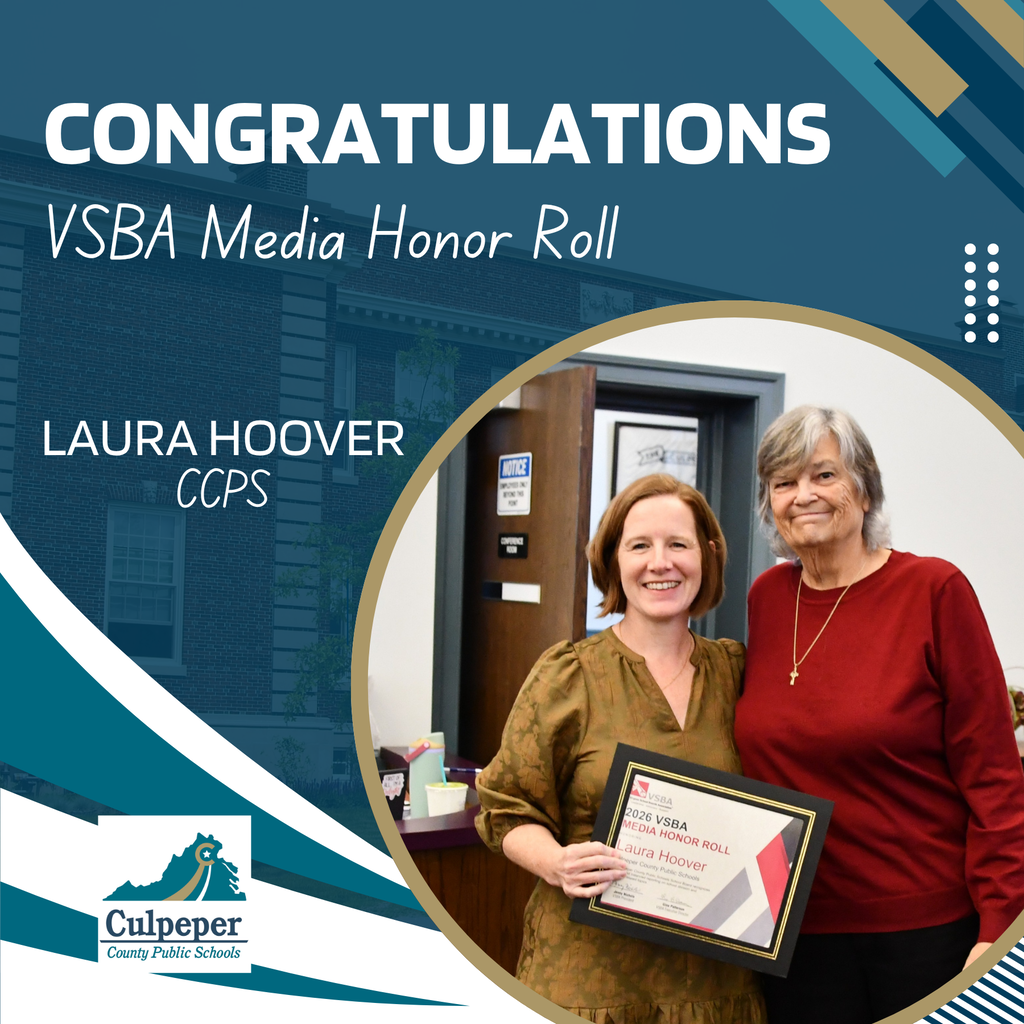 Two women standing, one holding an award. The text reads "Congratulations, VSBA Media Honor Roll" and "Laura Hoover, CCPS".